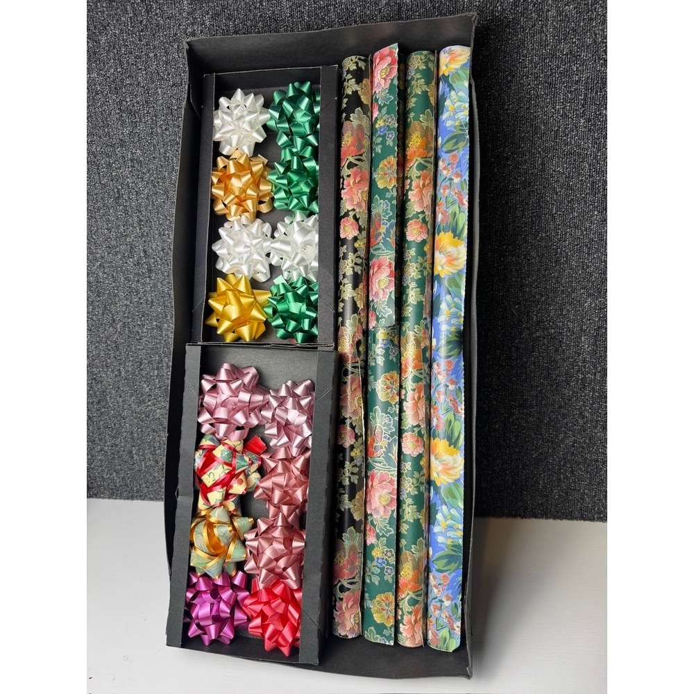 Vintage Floral Gift Wrap Set 4 Rolls 24+ Assorted Bows Multicolor NIB READ